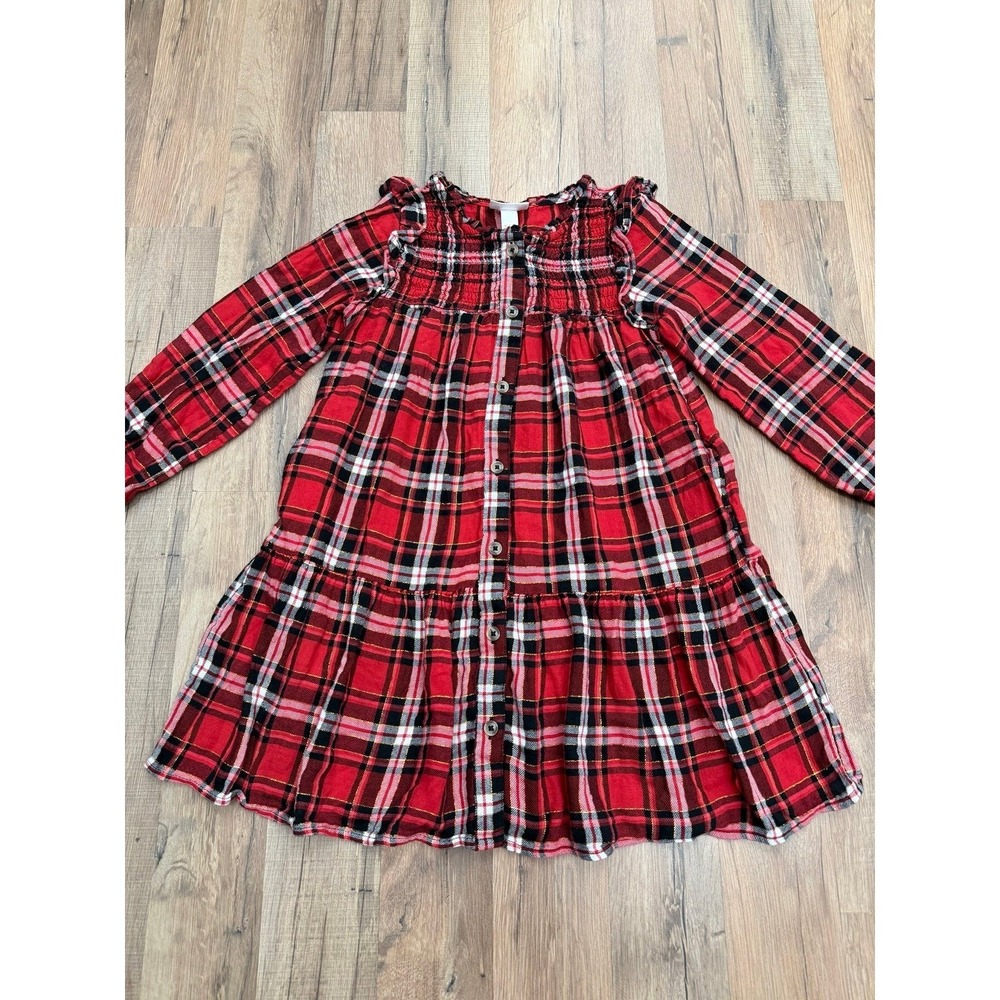 Cat & Jack Girls Plaid Smocked Dress Red Holiday Long Sleeve‎ Size 7/8